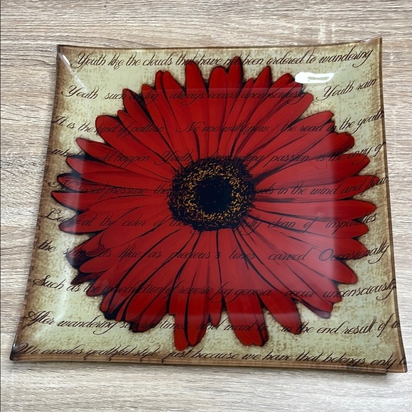 Stokes Red and Brown Glass Art with Floral Design Tray Display - Picture 4 of 7